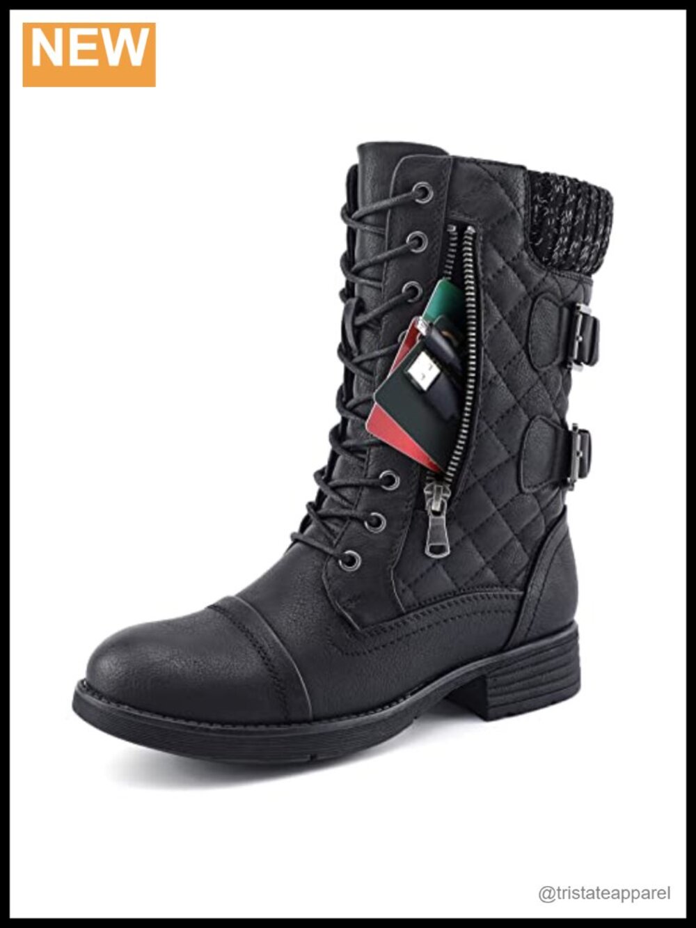 Combat Boots Mid Calf Vegan Faux Leather Zip Hidden Pocket Winter Snow Boots